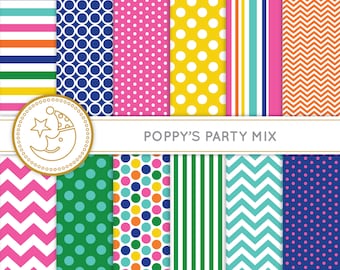 Party Mix: Orange, Pink, Teal, Blue, Green,Yellow paper pack. STRIPES, polka DOTS, CHEVRONS Printable pattern paper. Instant download paper.