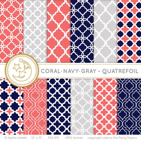 Quatrefoil Digital Paper: CORAL, NAVY and GRAY quatrefoil paper pack. Printable pattern paper. Instant download paper.