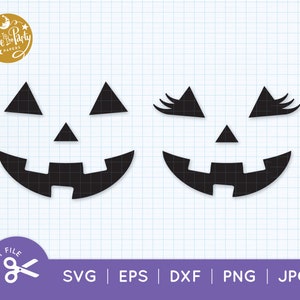 May include: Two black and white pumpkin face silhouettes. The first pumpkin face has a traditional jack-o-lantern smile with a triangle nose and eyes. The second pumpkin face has eyelashes and a closed-eye expression.
