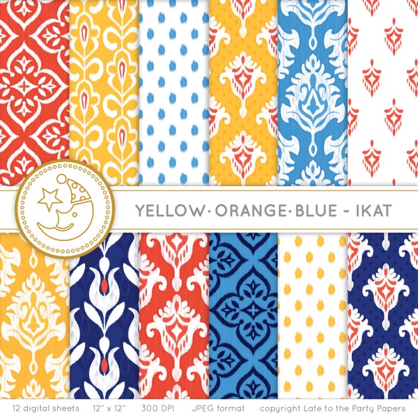 Ikat Digital Paper: YELLOW, ORANGE and BLUE Ikat paper pack. Printable pattern paper. Instant download paper.