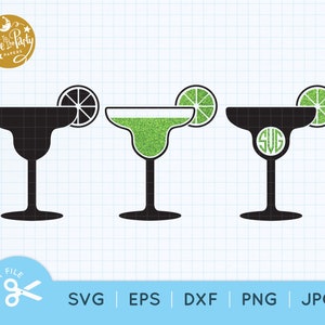 May include: Three black margarita glasses with lime wedges. The middle glass is filled with green glitter. The right glass has the letters "SVG" inside.