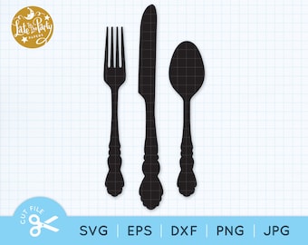 Vork mes lepel SVG-bestand knippen, zilverwerk snijden bestand, BESTEK, illustraties, plakboek, restaurant, café decor, kunst aan de muur, Svg Eps Dxf Png Jpg