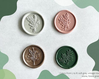 Sello de cera botánico personalizado - Autoadhesivo - Varios diseños florales, botánicos y de hojas - Bodas, baby showers, tarjetas de agradecimiento