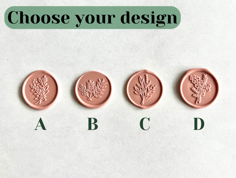 Puede incluir: Cuatro dise&ntilde;os de sellos de cera con patrones florales etiquetados como A, B, C y D. Elige tu dise&ntilde;o.