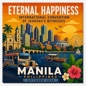 May include: A square commemorative print featuring the text ETERNAL HAPPINESS INTERNATIONAL CONVENTION OF JEHOVAH'S WITNESSES MANILA PHILIPPINES OCTOBER 2026. The scene depicts a city skyline, a jeepney, a boat, and a hibiscus flower.