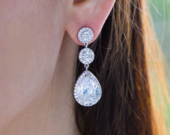 Bridal Earrings, Crystal Wedding Earrings, Silver Cubic Zirconia Earrings, Teardrop Earrings, Crystal Drop Earrings, Ref ALINA