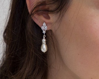 Cubic Zirconia Pearl Wedding Earrings, Vintage Pearl Bridal Earrings, Wedding Earrings Silver, Vintage Wedding Jewelry,