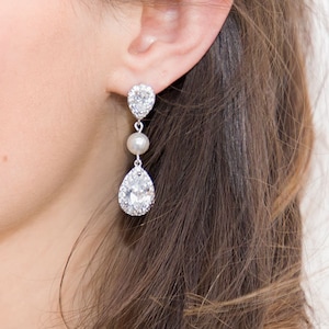 Bridal Crystal Pearl Earrings, CZ Bridal Earrings,  Long Wedding Earrings, Bridal Pearl Cubic Zirconia Earrings, Ref. ARIANE