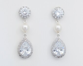 Bridal Crystal and Pearl Earrings, Long Bridal Earrings,  Long Wedding Earrings, Bridal Pearl CZ Earrings