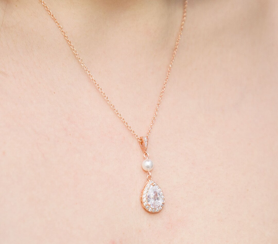 Rose Gold Wedding Necklace Swarowski Pearl Crystal Necklace - Etsy