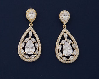 Boucles d’oreilles vintage en or, Boucles d’oreilles nuptiales, Boucles d’oreilles de mariage vintage, Boucles d’oreilles de mariage en zircone cubique, Boucles d’oreilles en or CZ, Bijoux de mariage en or