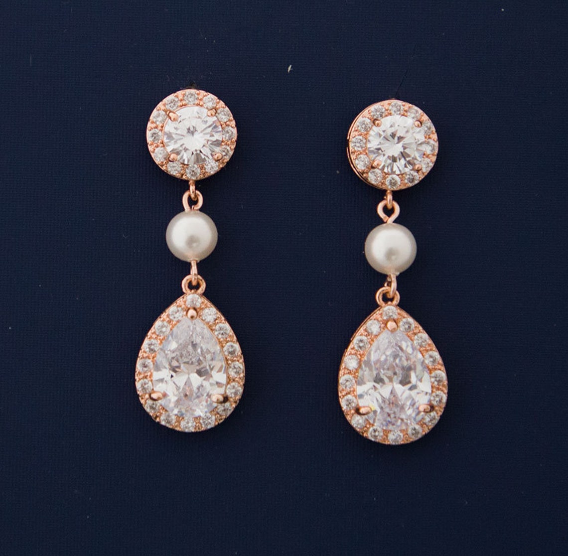 Rose Gold Wedding Oorbellen Teardrop Pearl Oorbellen Crystal Etsy