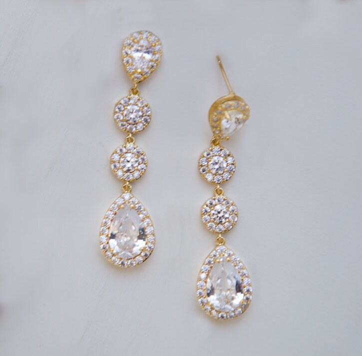 Gold Wedding Earrings Gold Bridal Jewelry Cubic Zirconia Tear | Etsy
