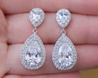 Wedding Teardrop Earrings, Classic Wedding Earrings, Bridal Teardrop Earrings, CZ Earrings, Bridal Crystal Earrings, Wedding Jewelry