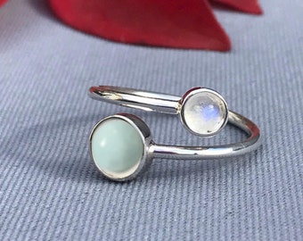 Aquamarine & Moonstone Sterling Silver Adjustable Ring