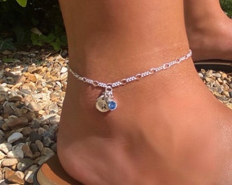Sterling Silver Anklet With Birthstone & Initial Charm.