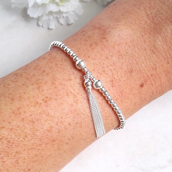 Bracelet argent 925 femme, perles et pompon