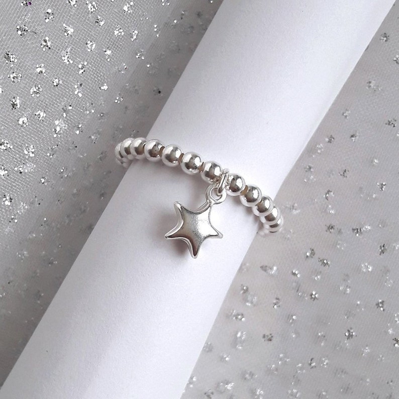 heart or sun or moon charm Star ring and round beads silver 925