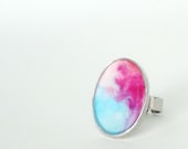 Resin ring, contemporary ring, abstract ring, watercolor ring, pink and blue ring, adjustable ring