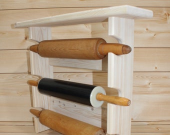 Rolling Pin Rack with Three Slots – Rolling Pin Rack with Shelf - Unfinished 3 Pin Rack - Rolling Pin Holder - Rolling Pin Rack for 3 Pins