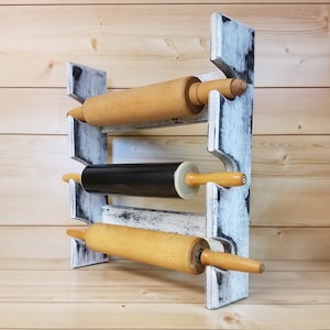 Antique White Rolling Pin Rack with Three Slots – Distressed Rolling Pin Rack - Wood Rolling Pin Rack - Shabby Chic Rolling Pin Holder