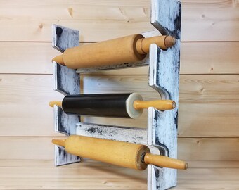Antique White Rolling Pin Rack with Three Slots – Distressed Rolling Pin Rack - Wood Rolling Pin Rack - Shabby Chic Rolling Pin Holder