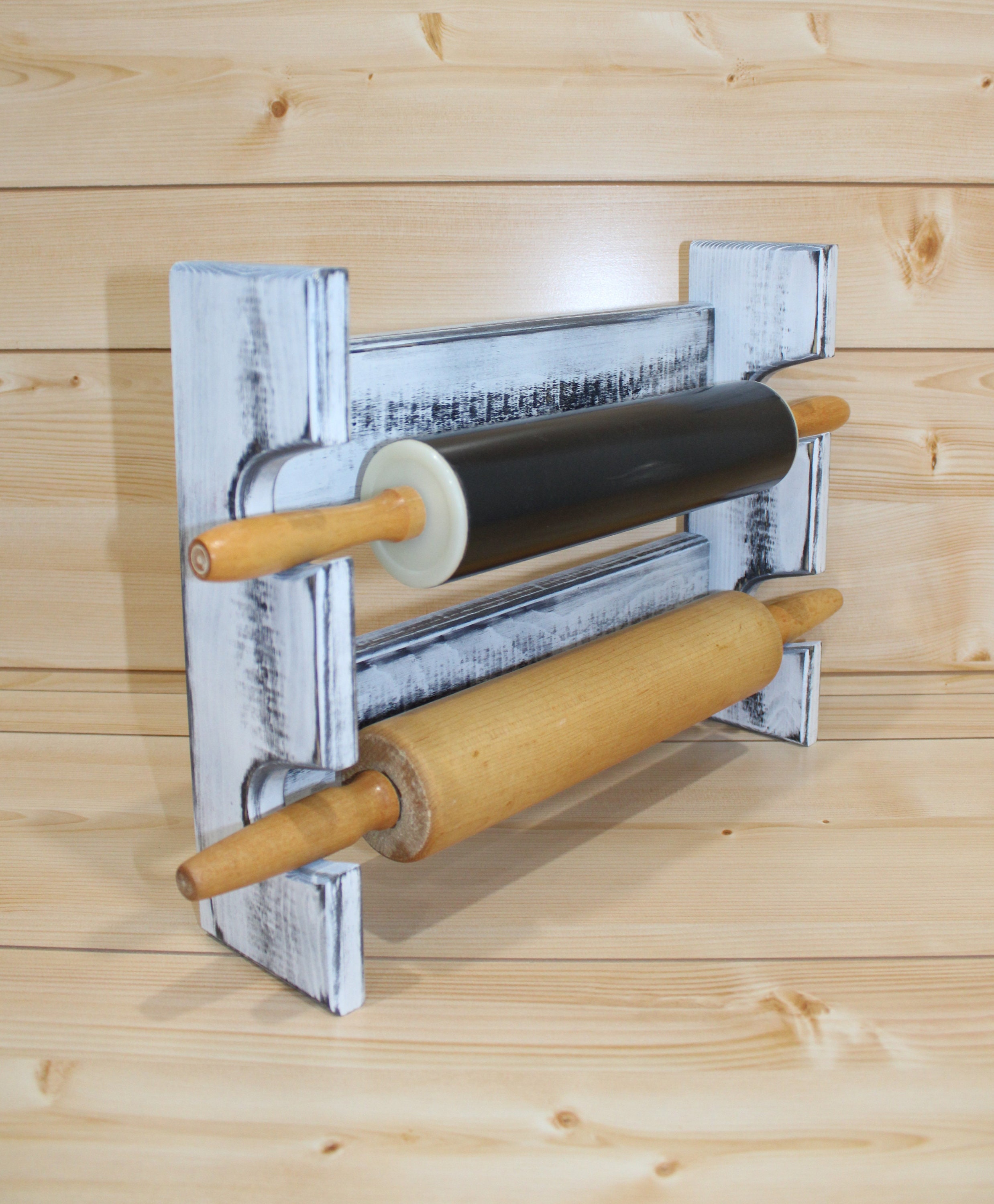 Table Side Pin Rack Antique White Rolling Pin Rack With Two Slots – Distressed Rolling Pin ...