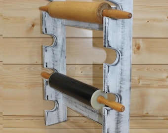 Antique White Rolling Pin Rack with Four Slots – Distressed Rolling Pin Rack - Wood Rolling Pin Rack - Shabby Chic Rolling Pin Holder