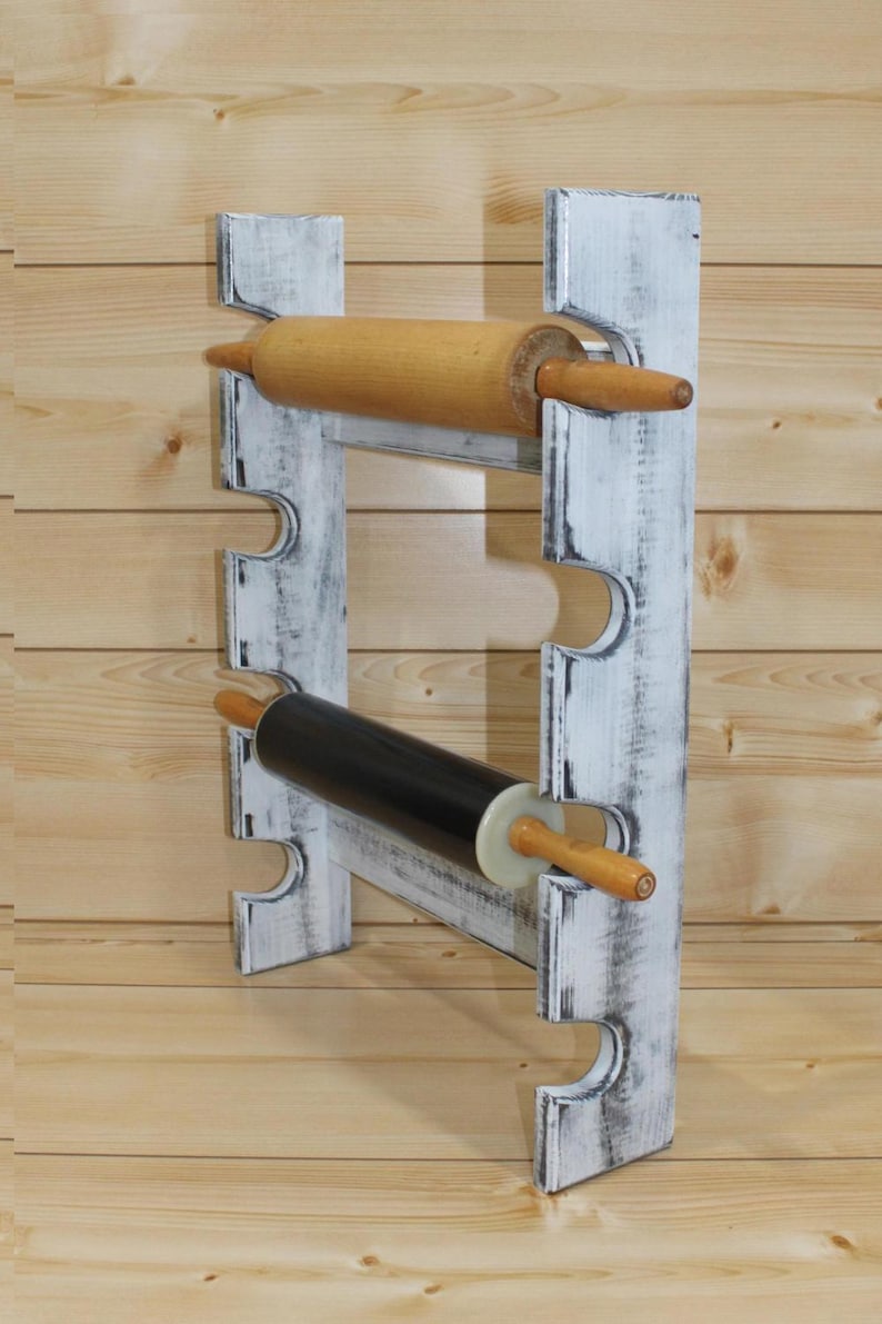 Antique White Rolling Pin Rack With Four Slots – Distressed Rolling Pin ...