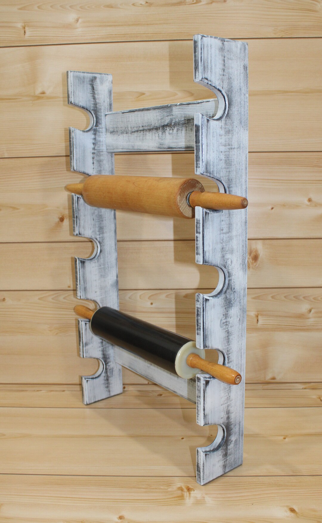 Antique White Rolling Pin Rack With Five Slots – Distressed Rolling Pin ...