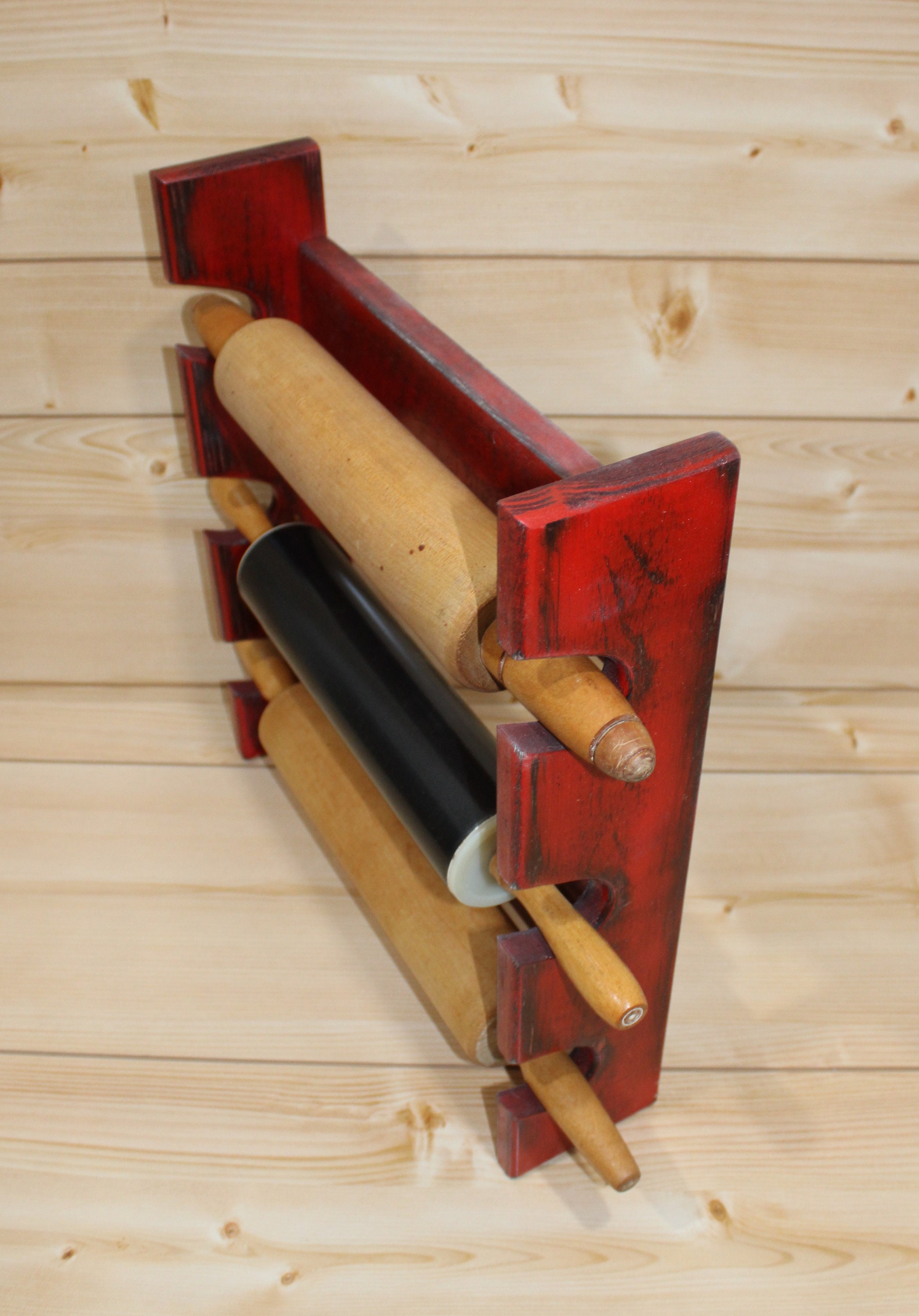Red Rolling Pin Rack With Three Slots - Multiple Rolling Pin Rack ...