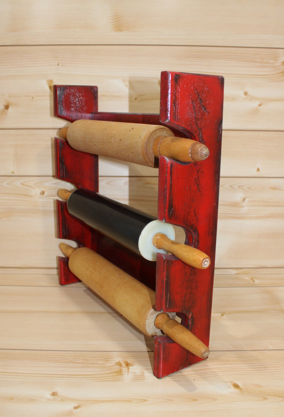 Red Rolling Pin Rack With Three Slots Multiple Rolling Pin Rack Rolling