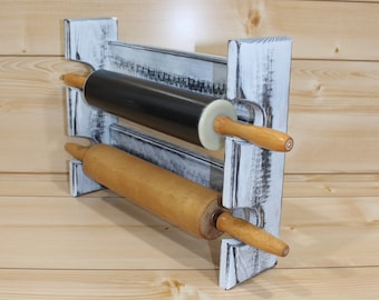 Antique White Rolling Pin Rack with Two Slots – Distressed Rolling Pin Rack - Wood Rolling Pin Rack - Shabby Chic Rolling Pin Holder