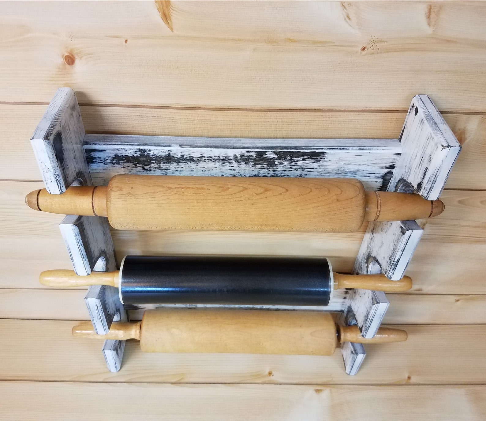 Antique White Rolling Pin Rack With Three Slots Distressed Etsy