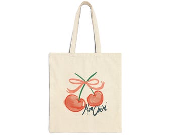 Canvas Tote Bag - Cute Cherry Bow Hand Drawn Illustration