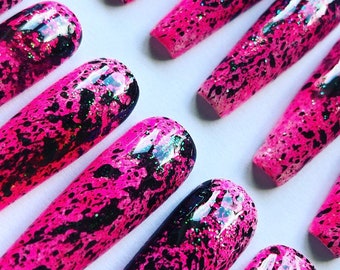 XXL Coffin Neon Splatter False Nails, Press on Nails, Fake Nails, Drag Nails. Choose Your Shape and Length.