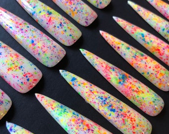 Neon Splatter XXXL Stiletto Press on Nails, False Nails, Drag Nails, Long Fake Nails.