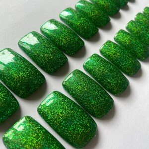 Green Holographic Glitter Extra Wide False Nails, Full Set of 20 Wide Fit Press on Nails.