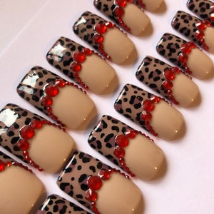 Uñas postizas extra anchas pintadas a mano con estampado de leopardo y cristales, uñas anchas, uñas extra anchas a presión.