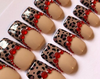 Extra Wide Hand Painted Leopard Print and Crystal False Nails, Wide Nails, Extra Wide Press on Nails.