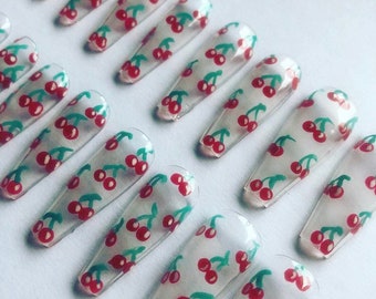 Cherry False Nails | Press On Nails | Glue On Nails | Hand Painted Press On Nails | Full Cover False Nails