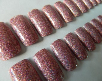 Medium Square False Nails with Pink Glitter