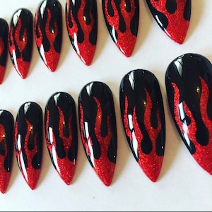 Red Flame Press on Nails, Extra Long Stiletto Nails.