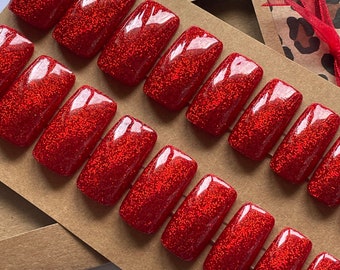 Red Glitter Wide False Nails, Extra Wide Press on Nails.