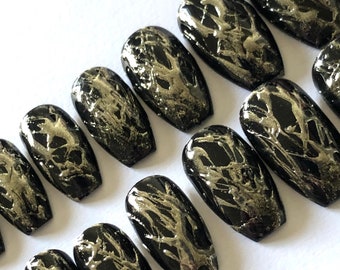 Abstract Chrome Press on Nails, Chrome False Nails, Black and Silver Short Coffin Nails, Full set of 20 Nails