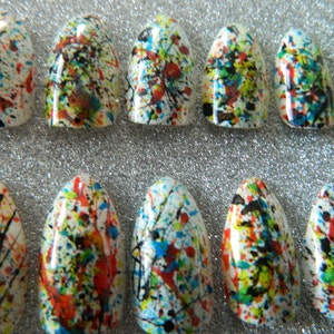 White Paint Splatter Press On Nails, Stiletto False Nails. image 1