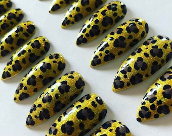 Uñas postizas con estampado de leopardo, purpurina dorada, tamaño XL