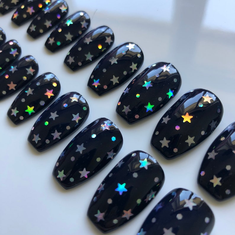 Black False Nails With Holographic Stars - Etsy