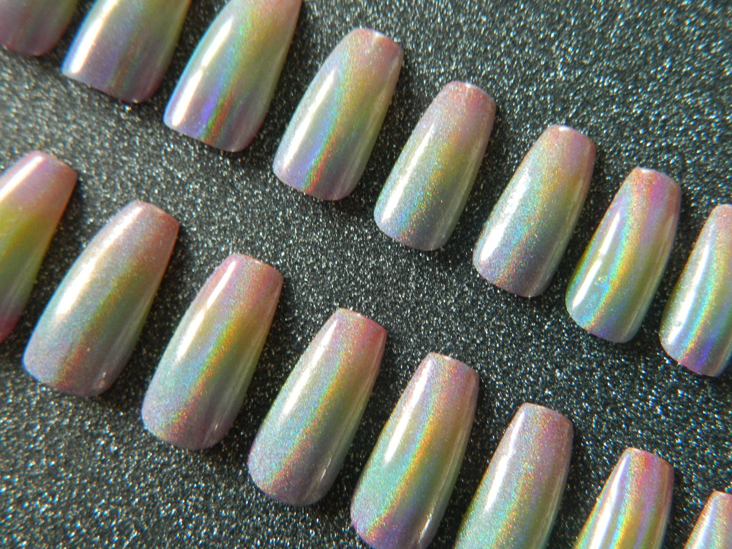 Medium Coffin Nails Rainbow Holographic False Nails | Etsy