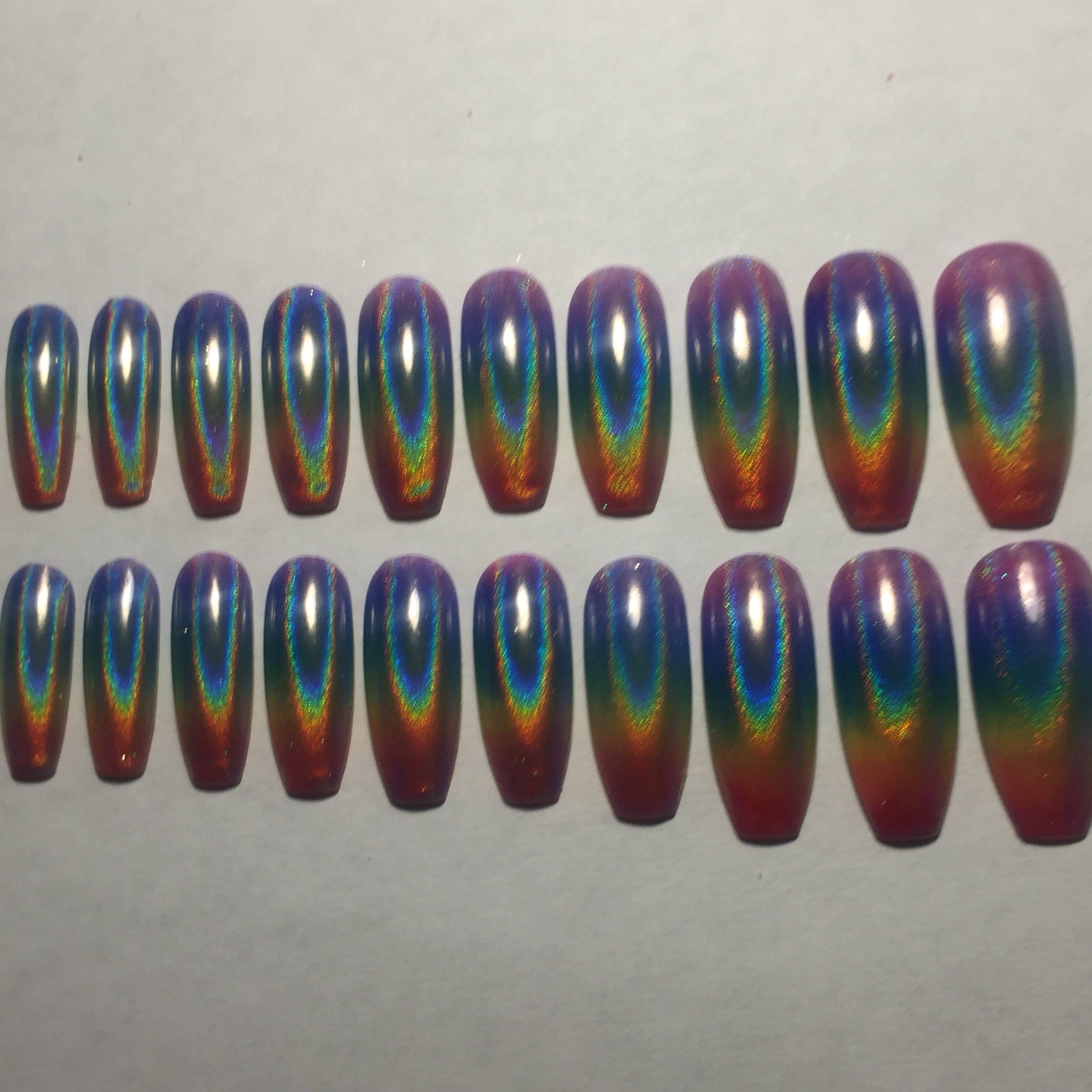 False Nails Rainbow Holographic Extra Long Press On Coffin | Etsy